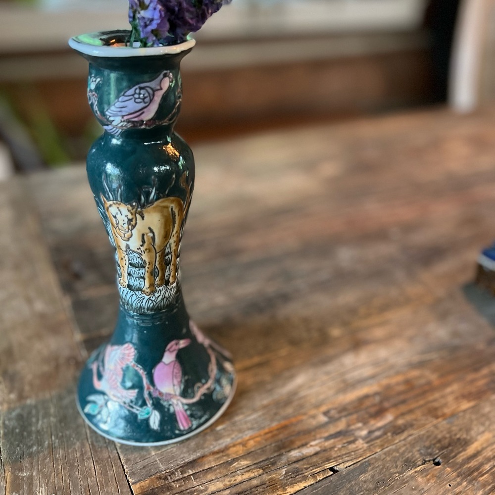 Stunning Green Candlestick w/ Lion & Exotic Birds